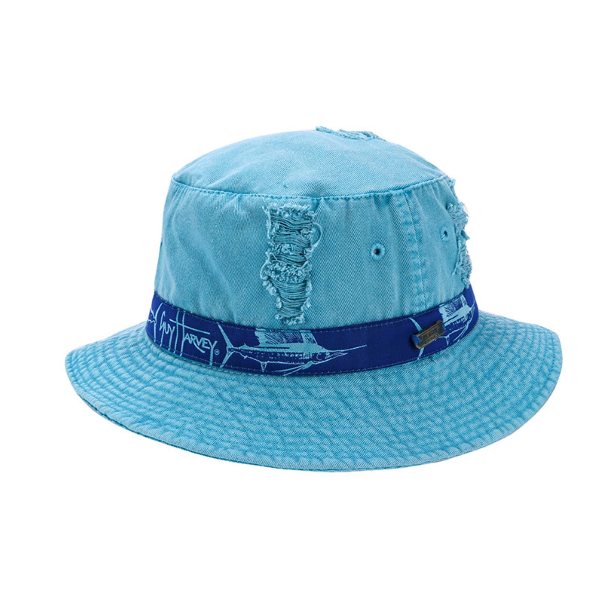 Guy Harvey Light Blue Distressed Denim Bucket Hat