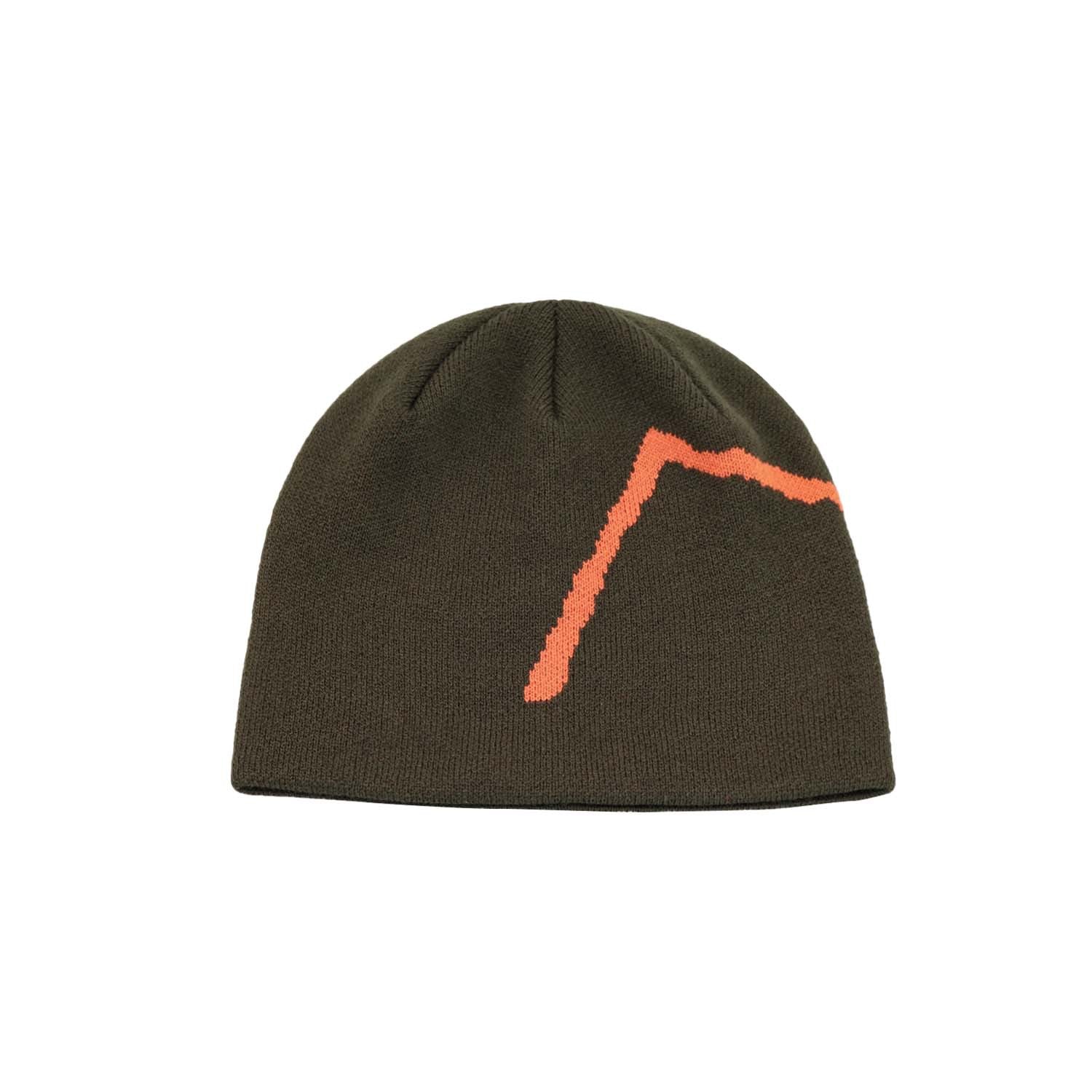 Olive Knit Cap with Bold Orange Mountain Design