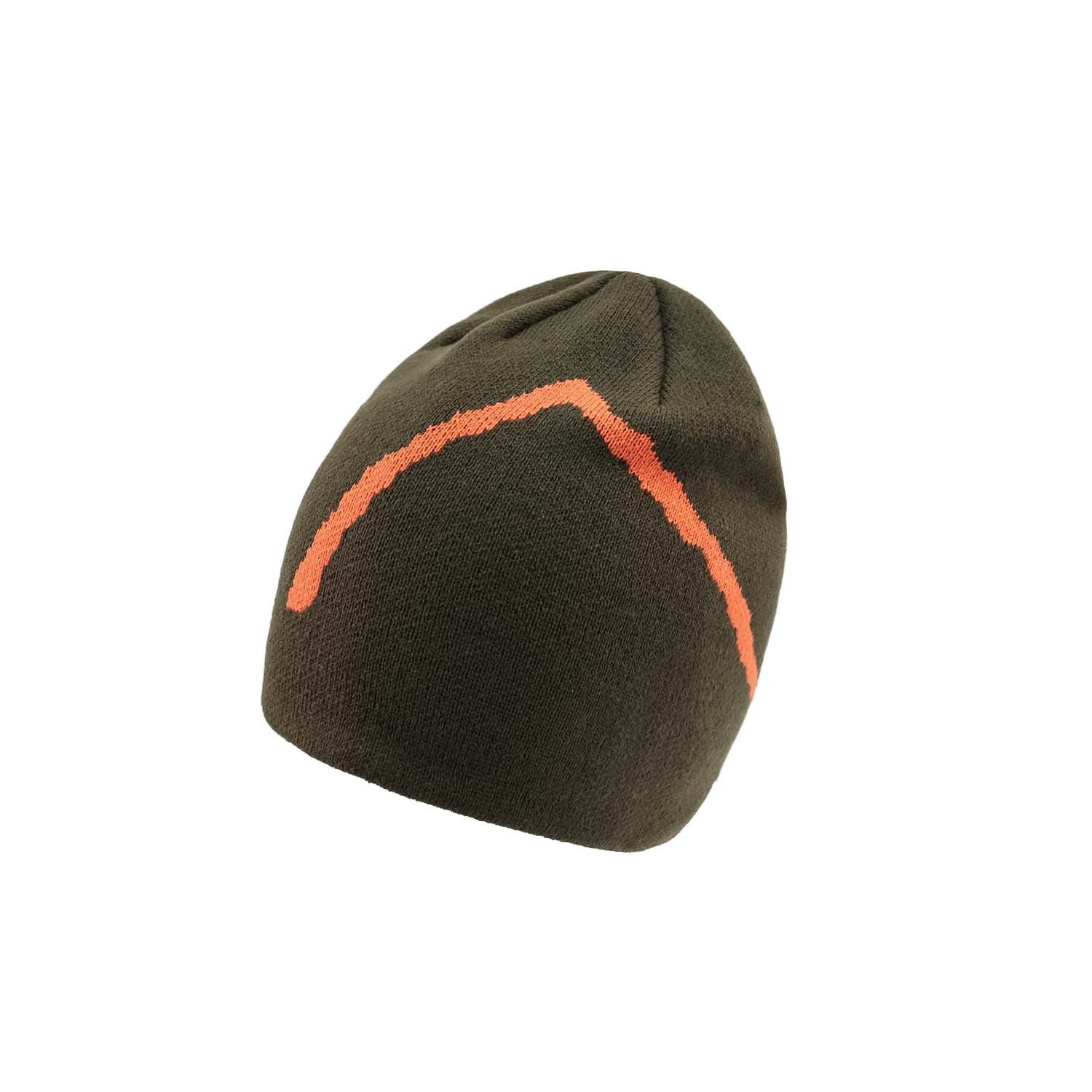 Olive Knit Cap with Bold Orange Mountain Design