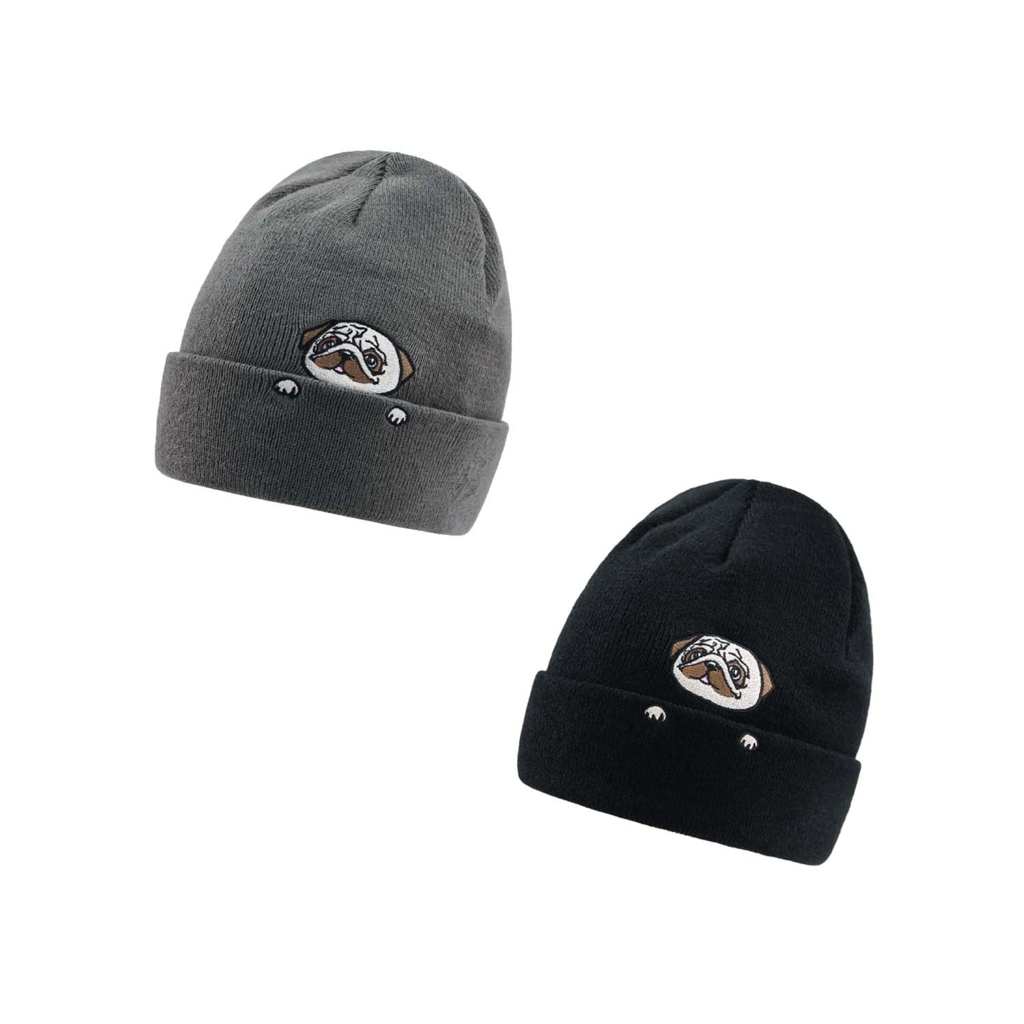 Pug Peekaboo Gray Ribbed Winter Beanie