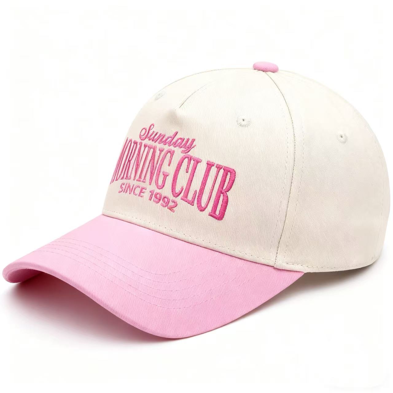 Two-Tone Beige Pink Cap - "Sunday Morning Club" Embroidery