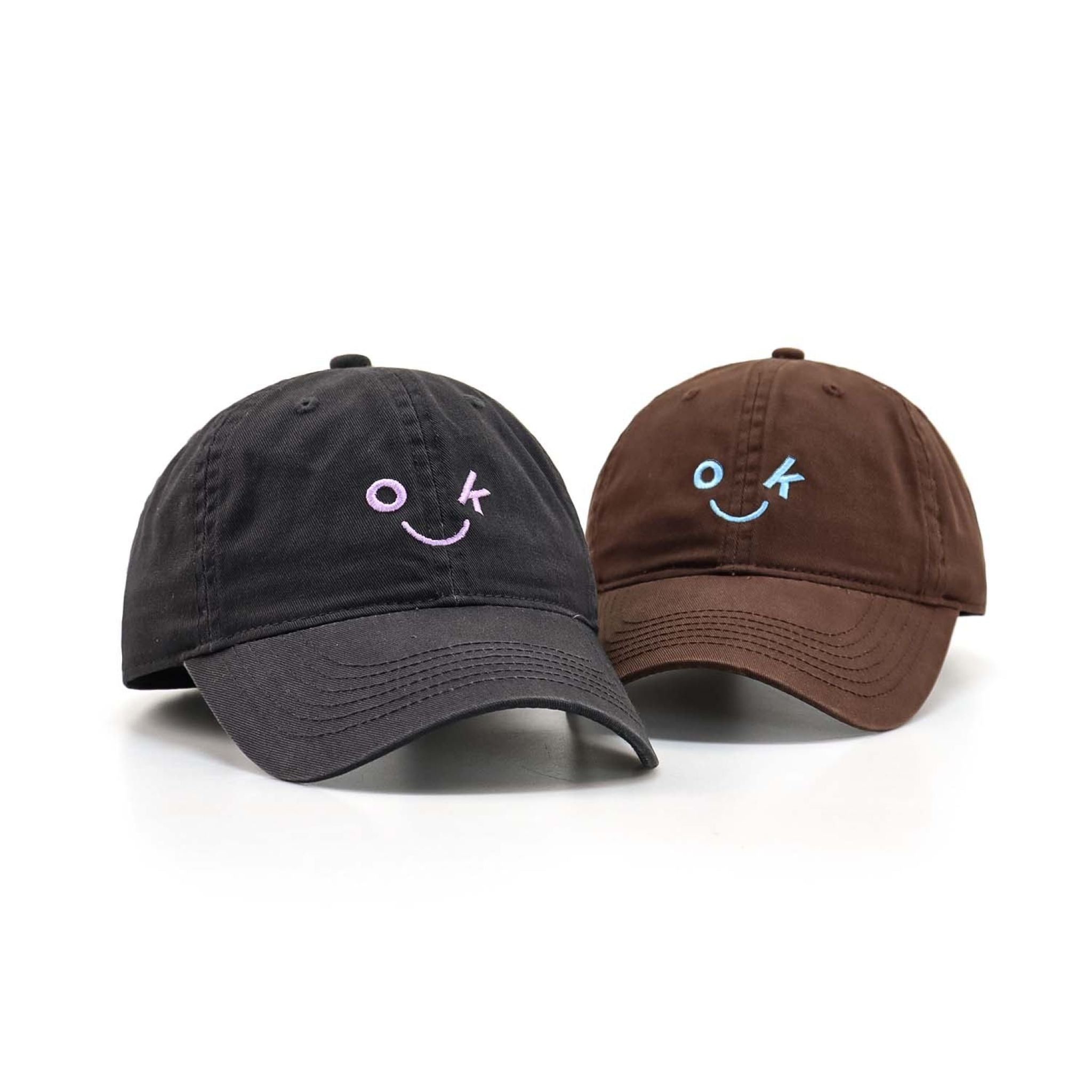 Brown "OK" Smile Embroidered Dad Hat