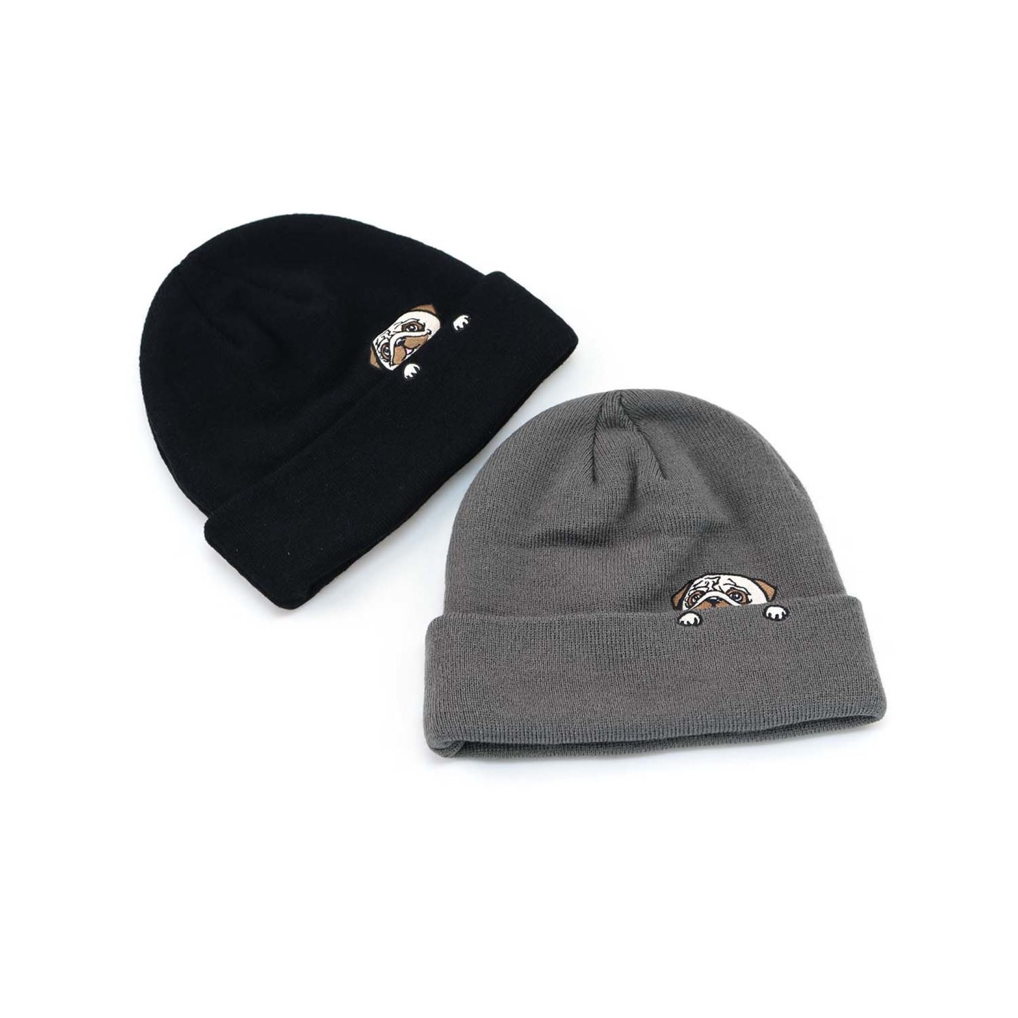 Pug Peekaboo Gray Ribbed Winter Beanie