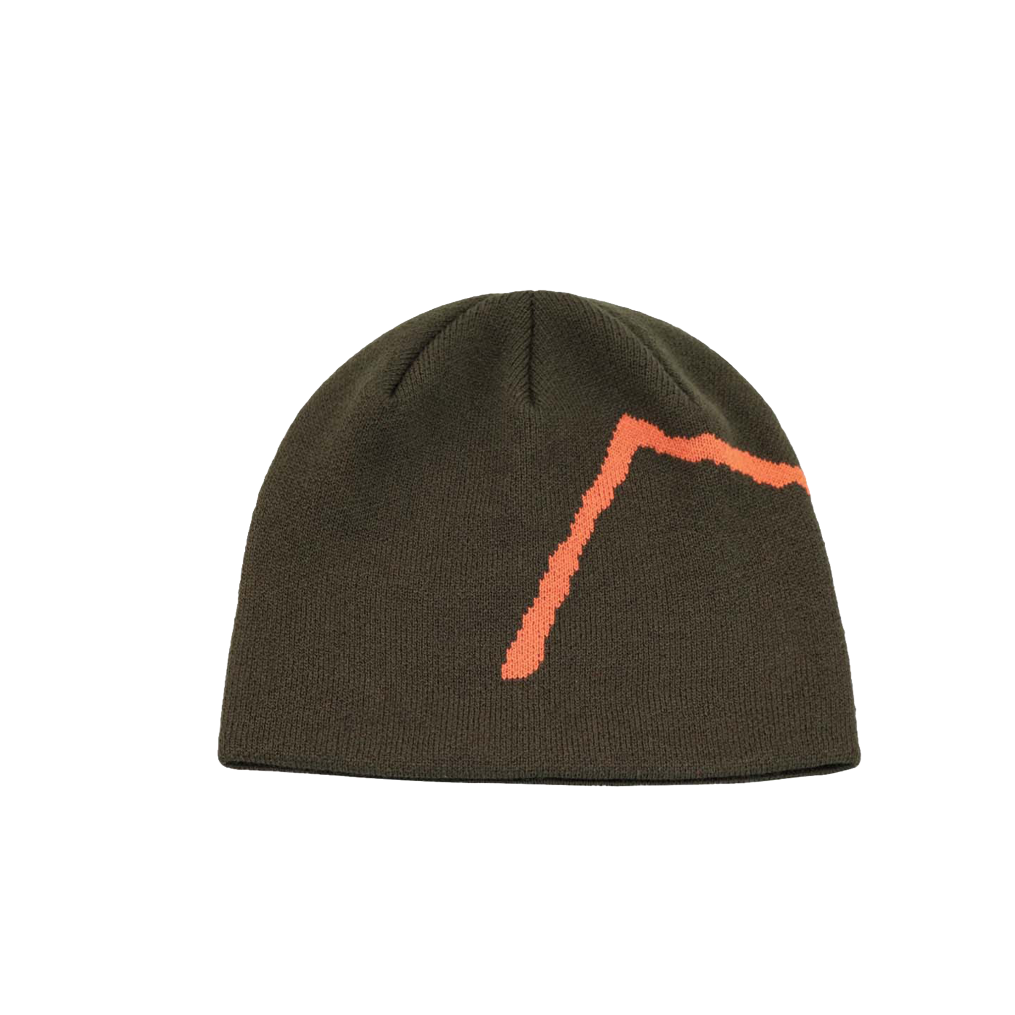 Olive Knit Cap with Bold Orange Mountain Design