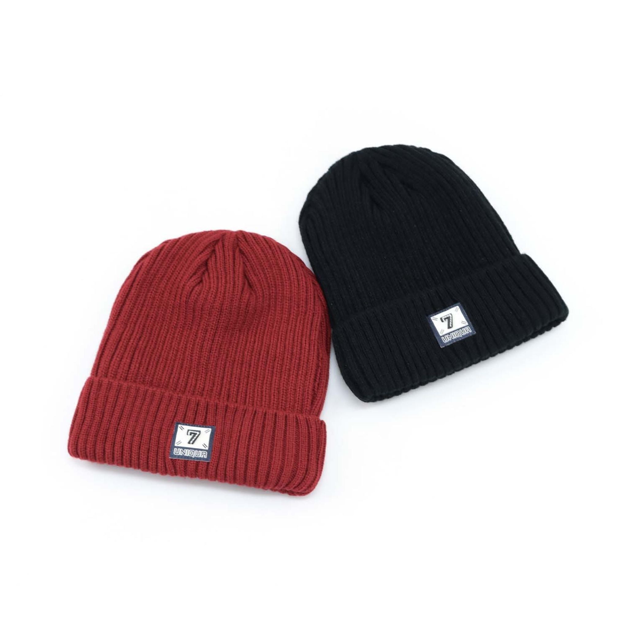 Burgundy Ribbed Beanie With 7 Emblem