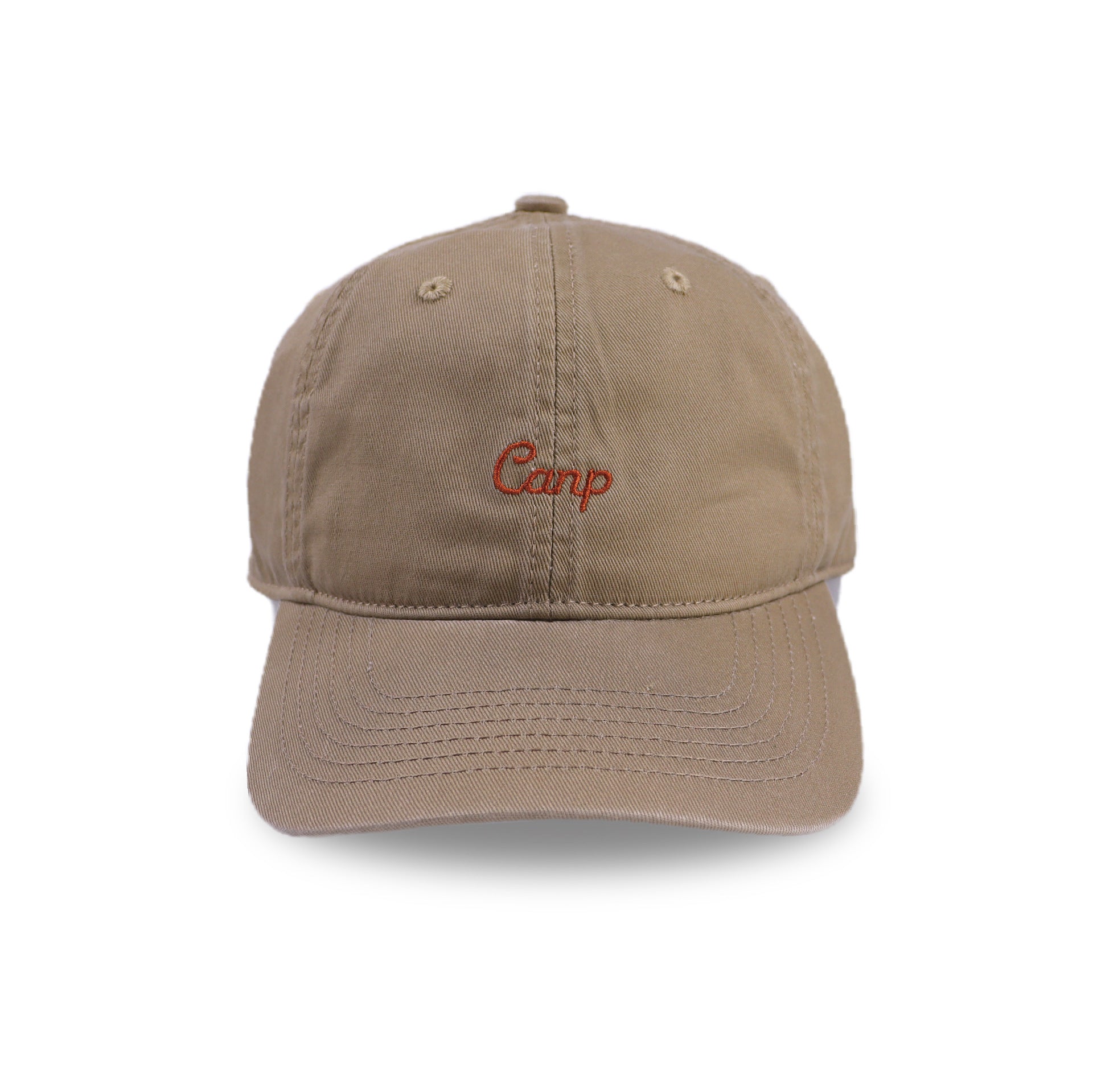 Minimalist Tan Cap with "Camp" Red Embroidery