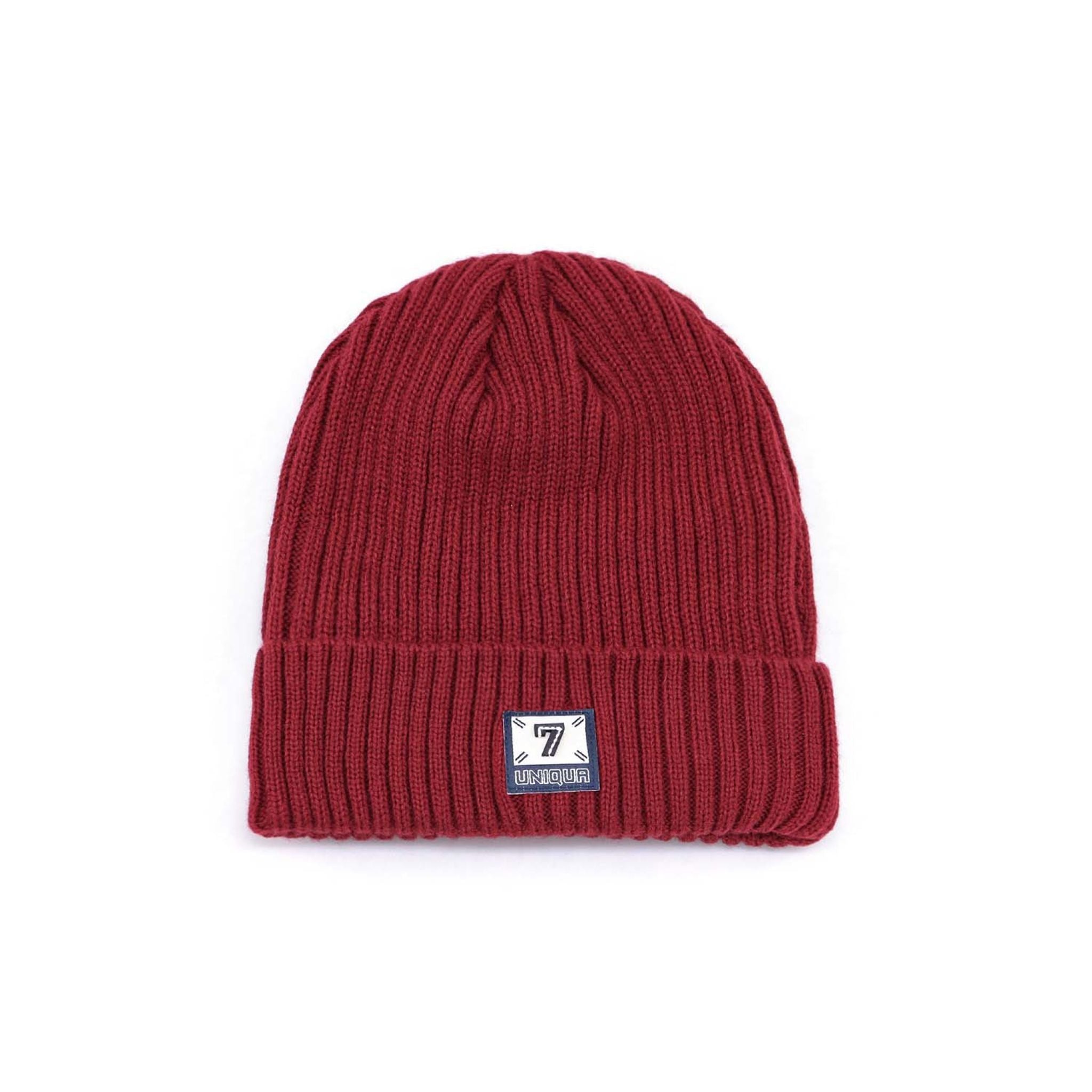 Burgundy Ribbed Beanie With 7 Emblem