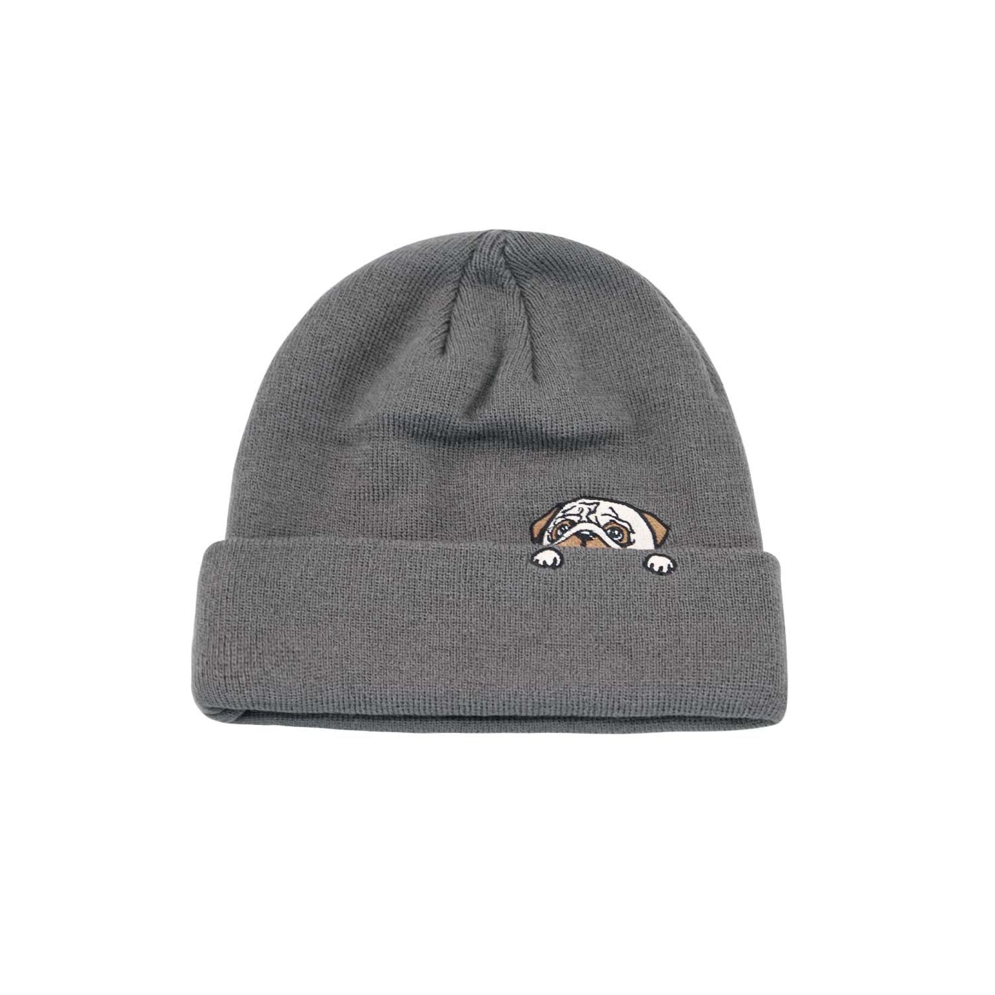 Pug Peekaboo Gray Ribbed Winter Beanie