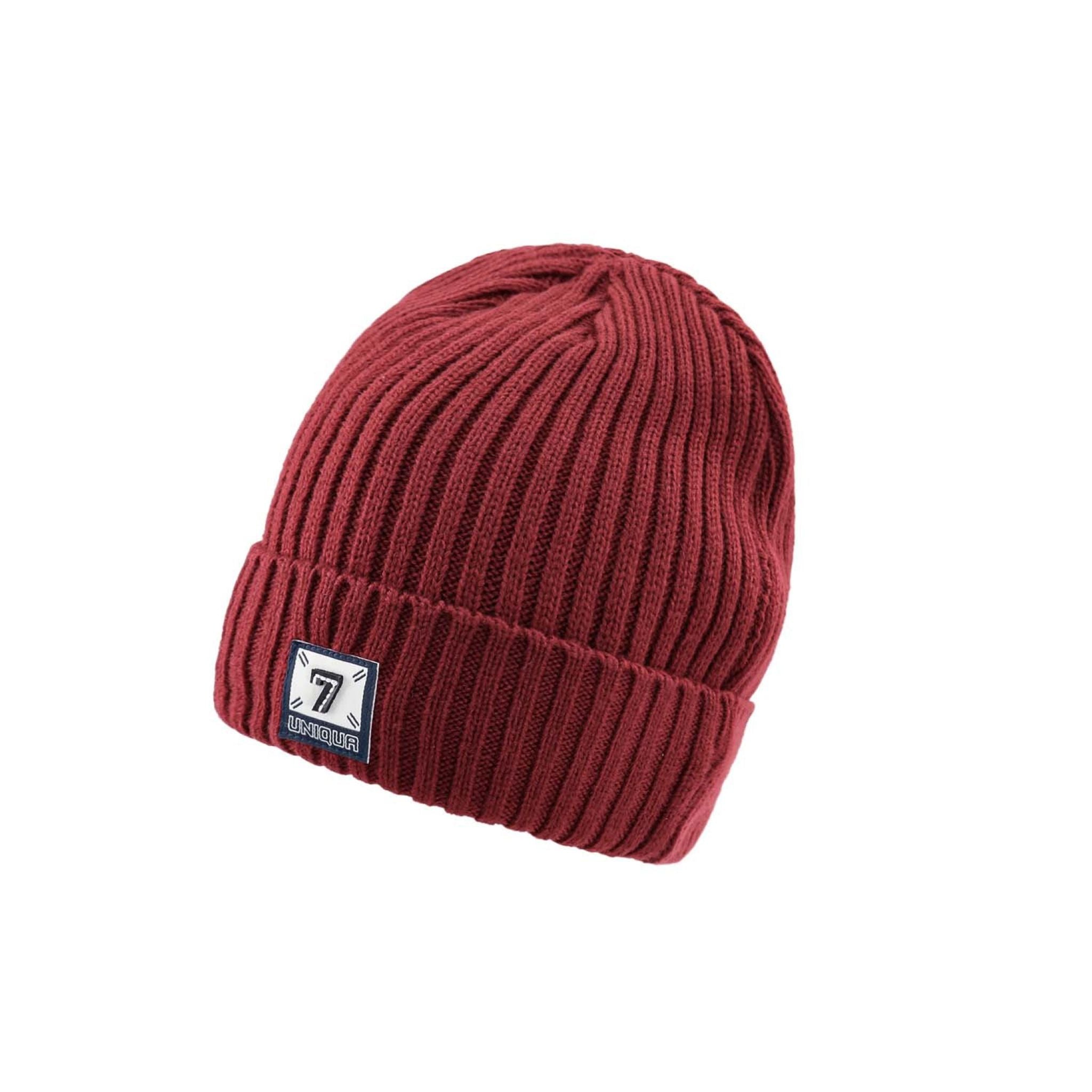 Burgundy Ribbed Beanie With 7 Emblem