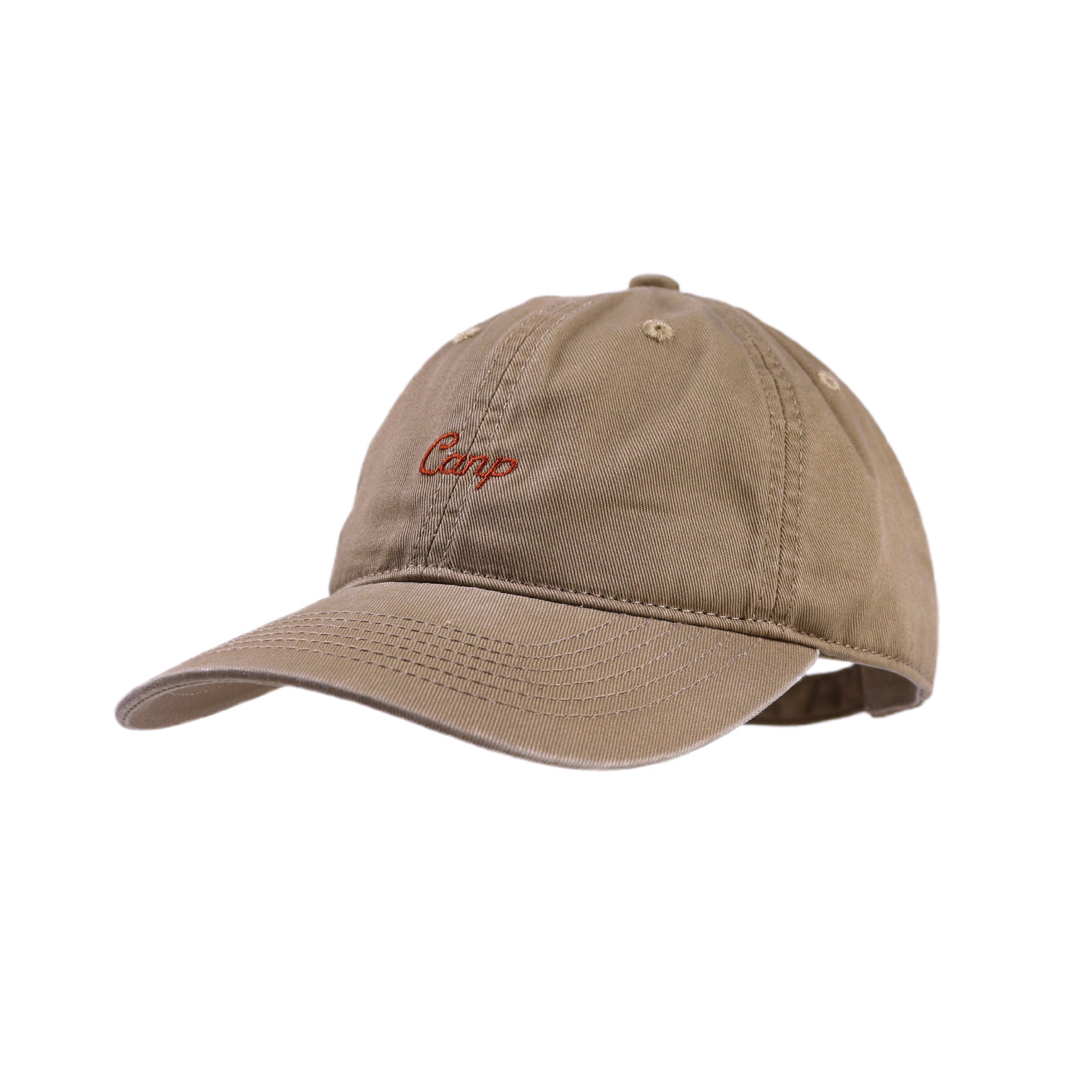 Minimalist Tan Cap with "Camp" Red Embroidery