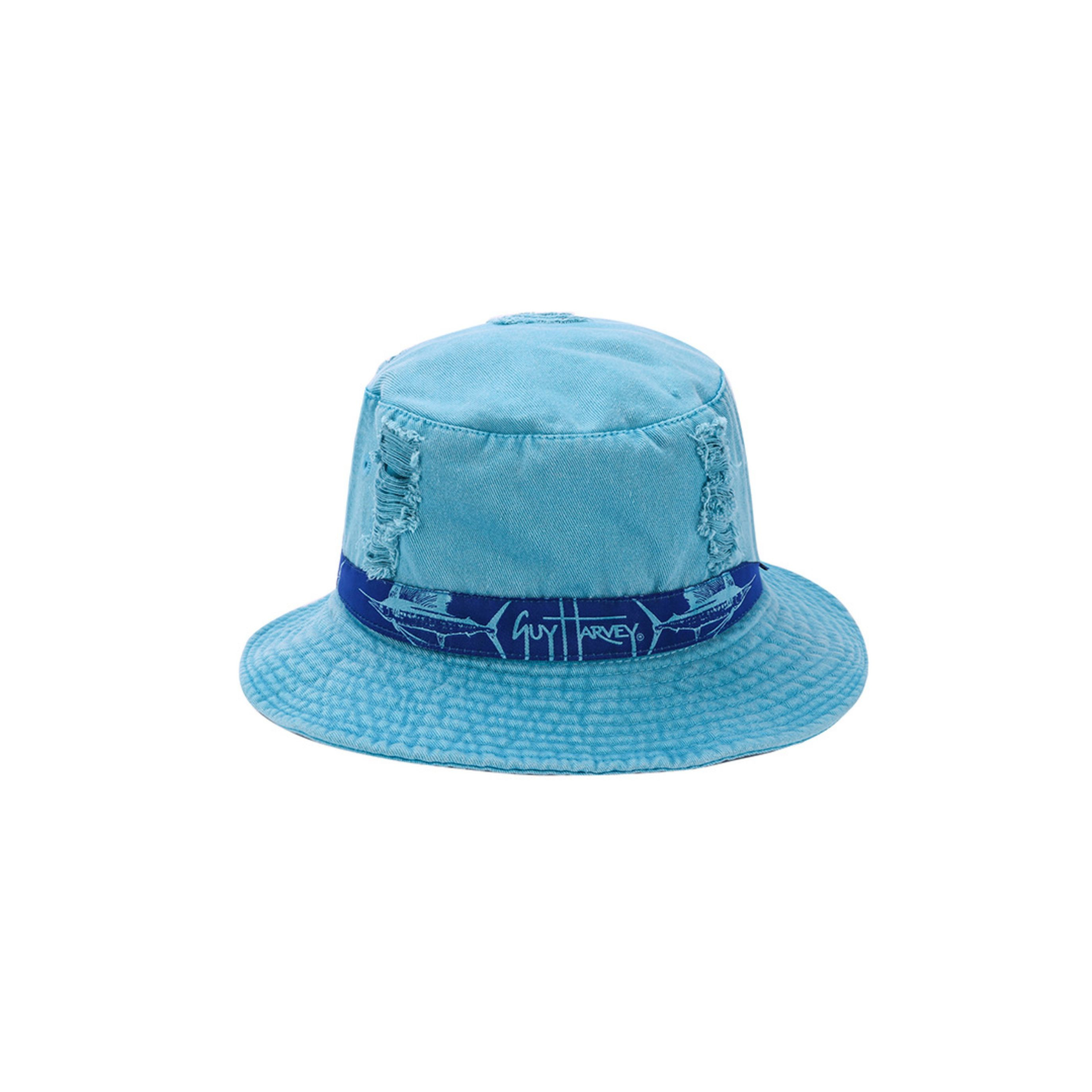 Guy Harvey Light Blue Distressed Denim Bucket Hat