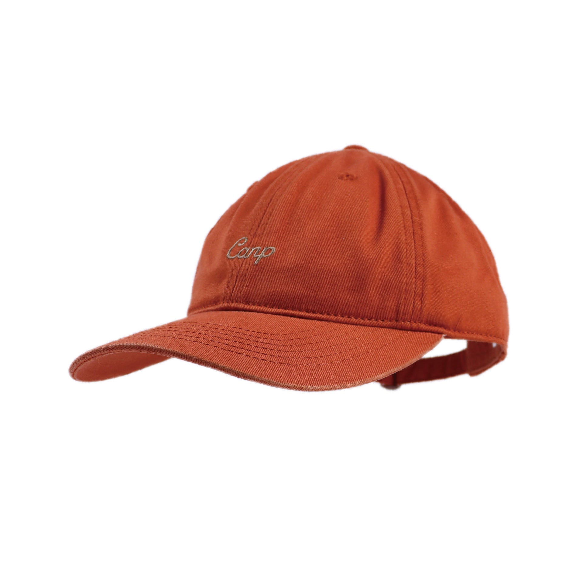 Minimalist Tan Cap with "Camp" Red Embroidery