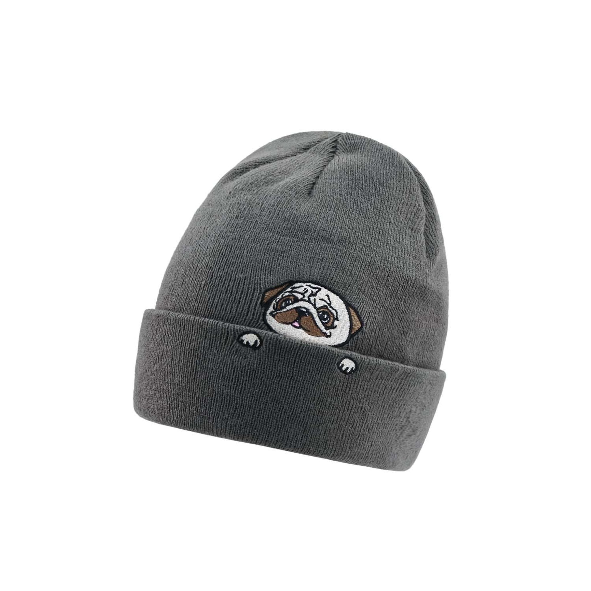 Pug Peekaboo Gray Ribbed Winter Beanie