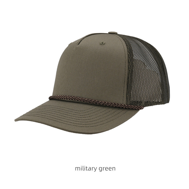 Military Green Khaki Mesh Trucker Cap with Braid Trim